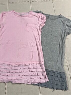 Girls Ruffle Hem Extra Long Tee or Dress - Pink & Gray